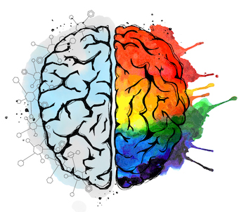 Illustration of a brain with the left hemisphere in washed out blues and pinks, with molecular designs overlayed. The right hemisphere is the rainbow spectrum with paint splatters, to signify the artistic side of the brain.
