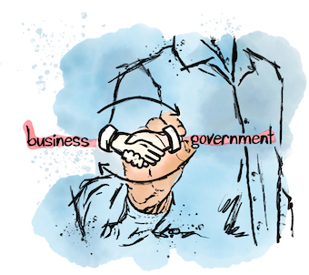 Watercolor image of a man in a blue button up drawing "business + government" with hands shaking in the middle