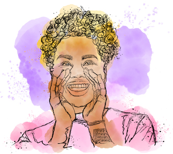 Watercolor image of a Black woman  with short curly blonde hair with her hands cupped around her mouth to project her voice louder